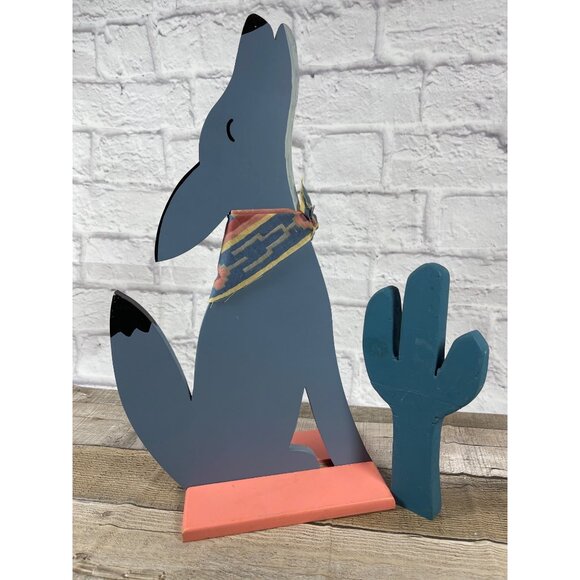 Vintage Handmade Southwestern Folk Art Howling Coyote Cactus Set Wood Décor 80's - Picture 4 of 16